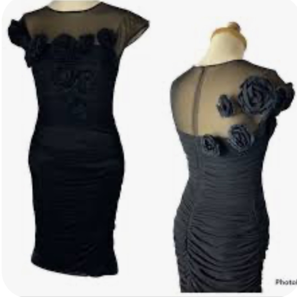 Tadashi Shoji Cocktail Illusion 3D Rose Black Dress